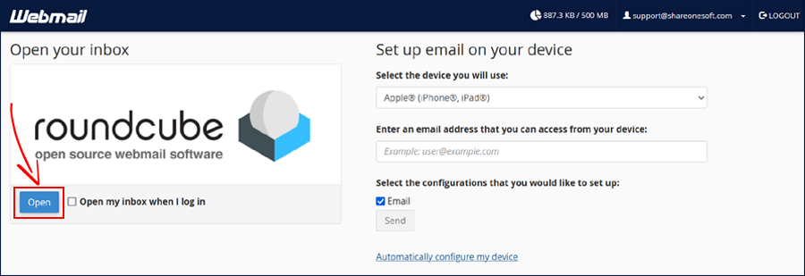 login & open roundcube webmail