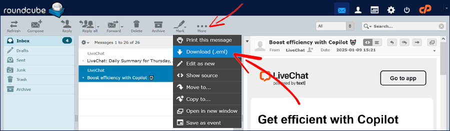 download emails from roundcube